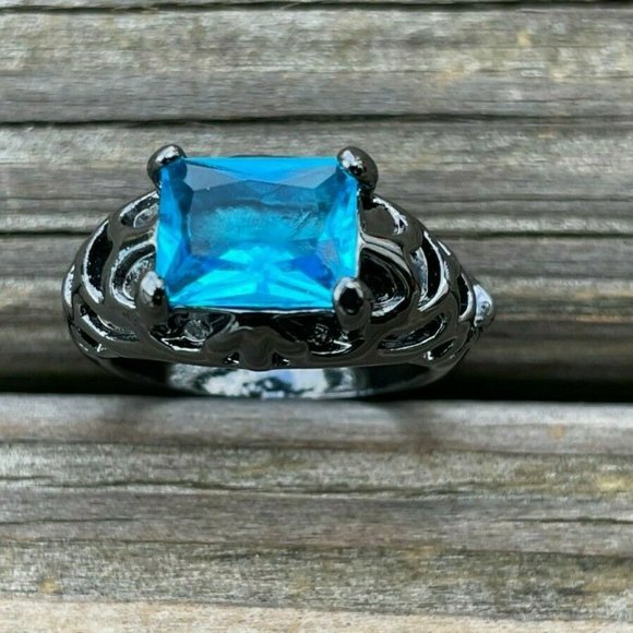 Fashion Ring Black Tone Faux Blue Stone Women Rings Fashion Jewelry Size 7.5 - Picture 2 of 12